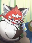 anthro braided_hair braided_ponytail eyebrows fur hair looking_at_viewer male multicolored_eyes necktie ponytail red_body red_fur sitting smile solo suspenders thick_eyebrows young ichiganninatte lifewonders tokyo_afterschool_summoners zhurong_(tas) ailurid mammal red_panda hi_res