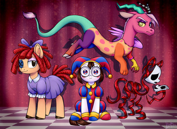 bell blue_eyeshadow button_(fastener) button_eyes clothing doll eyeshadow female feral fool's_hat group hat headgear headwear jester jingle_bell makeup mask ponification purple_eyeshadow rag_doll_(toy) sitting thousand_yard_stare unusual_eyes megabait_(artist) glitch_productions hasbro my_little_pony the_amazing_digital_circus gangle_(tadc) pomni_(tadc) ragatha_(tadc) zooble_(tadc) animate_inanimate chimera draconequus earth_pony equid equine fabric_creature horse living_doll living_mask living_toy mammal pony absurd_res digital_media_(artwork) hi_res nonbinary_(lore)