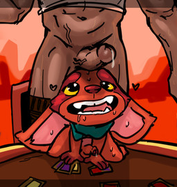 anthro big_ears bodily_fluids crazy_8 duo genital_fluids genitals male male/male nude penis penis_on_face precum red_body simple_background size_difference yellow_eyes lostwisdom humanoid imp hi_res sketch