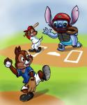 3_toes 4_fingers anthro armor ball baseball_(ball) baseball_(sport) baseball_base baseball_bat baseball_cap baseball_glove baseball_uniform bat_(object) black_nose blue_body blue_claws blue_eyes blue_nose blue_pawpads brown_body brown_fur buckteeth chest_tuft claws cleats clothed clothing feet fingers fur group hat headgear headwear helmet home_plate notched_ear open_mouth open_smile pawpads raised_leg red_nose smile sport sportswear teeth toes tuft uniform zdrer456 disney lilo_and_stitch chip_(disney) dale_(disney) stitch_(lilo_and_stitch) alien chipmunk experiment_(lilo_and_stitch) ground_squirrel mammal rodent sciurid 2019 absurd_res crossover hi_res