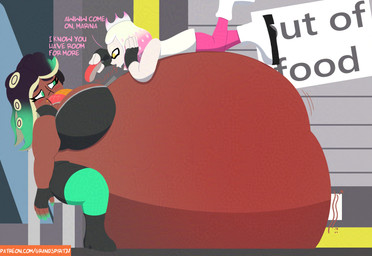 belly belly_blush belly_expansion belly_on_ground big_belly black_bottomwear black_clothing black_eyebrows black_fingerless_gloves black_footwear black_gloves black_hair black_handwear black_shoes black_shorts black_topwear bloated blush body_blush bottomwear brown_body brown_skin cheek_bulge clothing dialogue duo expansion eyebrows eyelashes female fingerless_gloves food food_in_mouth footwear force_feeding forced gloves green_clothing green_eyes green_hair green_legwear hair handwear holding_food holding_object huge_belly hyper hyper_belly legwear morbidly_obese morbidly_obese_female morbidly_obese_humanoid motion_lines multicolored_hair not_furry obese obese_female obese_humanoid on_another on_another's_belly open_mouth open_smile overweight overweight_female overweight_humanoid pants pink_bottomwear pink_clothing pink_hair pink_pants pink_tongue pseudo_hair sharp_teeth shirt shoes shorts side_view sitting smile talking_to_another tan_body tan_skin teasing teeth tentacle_hair tentacles text tongue topwear weight_gain white_clothing white_eyebrows white_footwear white_hair white_shirt white_shoes white_topwear yellow_eyes zipper grand-spirit nintendo splatoon marina_(splatoon) pearl_(splatoon) animal_humanoid aquatic aquatic_humanoid cephalopod cephalopod_humanoid humanoid inkling mollusk mollusk_humanoid octarian octoling 2025 absurd_res cel_shading colored digital_media_(artwork) english_text hi_res shaded url