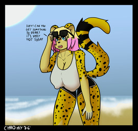 anthro beach breasts eyewear female sea solo sunglasses text water chromer_exe emilly_(chromer_exe) cheetah felid feline mammal english_text