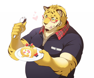anthro belly clothing eyewear food glasses heart_symbol humanoid_hands kemono male overweight overweight_male shirt simple_background solo tongue tongue_out topwear white_background yellow_body a8taka_ism felid mammal pantherine tiger 2015