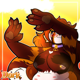 anthro areola barbell_piercing belly belly_nipples big_breasts bimbofication bimbofied blush blush_lines breasts claws collar eyelashes female fingers fur hair heart_symbol huge_breasts long_eyelashes nipple_dip nipple_piercing nipples nude pawpads piercing shadow simple_background slightly_chubby slightly_chubby_anthro smile solo submissive sunset tail theawkwarddork shadow_hands_challenge togi_takanagi ailurid mammal red_panda absurd_res digital_media_(artwork) hi_res meme intersex_(lore) trans_(lore) trans_woman_(lore)