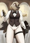 anthro bottomless bottomless_anthro bottomless_female bow_tie casual_exposure classy clothed clothing dress_shirt exhibitionism female genitals leg_strap narrowed_eyes pen pussy restaurant shirt solo topwear vest waiter waiter_suit waitress_uniform fish_birb millie_(fish_birb) avian bird oscine passerine starling_(bird) absurd_res hi_res