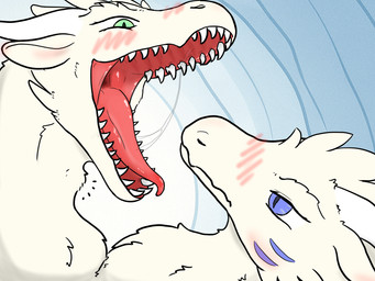 2_heads bared_teeth blue_eyes blush bodily_fluids butt fangs female feral fur green_eyes multi_head open_mouth presenting presenting_mouth red_tongue saliva simple_background smile smiling_at_another solo teeth text throat tongue tongue_out white_body white_fur scaro european_mythology greek_mythology mythology fnly_fez dragon furred_dragon furred_scalie hydra mythological_creature mythological_scalie scalie 4:3 english_text hi_res