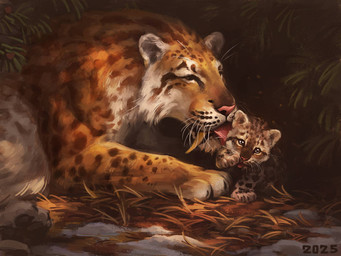 brown_markings duo face_lick fangs feral fur licking markings orange_body orange_fur personal_grooming pine_needles pink_nose sabertooth_(anatomy) snow social_grooming spots teeth tongue whisker_spots whiskers young young_feral alexpahomov smilodon_fatalis 2025 parent_(lore) parent_and_child_(lore)