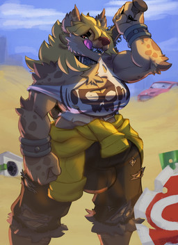 anthro arm_tuft barbed_wire baseball_bat bat_(object) biceps blonde_hair bottomwear bracelet breasts bulge car chest_tuft choker claws cleavage clothed clothing clothing_around_waist cloud collar elbow_tuft finger_claws gynomorph hair holding_baseball_bat holding_object holding_weapon intersex jewelry licking licking_lips markings messy_hair necklace off_shoulder shirt_around_waist simple_background skull_(marking) sky solo spiked_bat stop_sign studded_bracelet studded_jewelry studs text text_on_collar tomboy tongue tongue_out topwear torn_bottomwear torn_clothing torn_topwear tuft vehicle weapon wristband jayecho boon_digges hyena mammal spotted_hyena digital_media_(artwork) hi_res