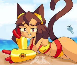 anthro beach bikini breasts brown_body brown_hair clothing eyewear eyewear_on_head female goggles goggles_on_head hair lying magenta_eyes smile solo swimwear two-piece_swimsuit whiskers yellow_sclera derekunleashed gameoverse glitch_productions flappers_(gameoverse) kit_bodega domestic_cat felid feline felis mammal 2026 hi_res