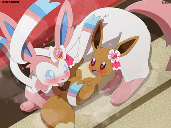 ambiguous_feral ambiguous_gender animal_genitalia animal_vulva anus blue_inner_ear blush bodily_fluids canine_genitalia canine_vulva cunnilingus duo female female/ambiguous female_feral feral feral_on_feral fur genital_fluids genitals heart_eyes heart_symbol multicolored_body multicolored_fur open_mouth oral pink_body pink_ears pink_fur pink_tail sex sweat sweatdrop tail tears tongue tongue_out vaginal vaginal_fluids vulva white_body white_fur sarox nintendo pokemon eevee eeveelution generation_1_pokemon generation_6_pokemon pokemon_(species) sylveon absurd_res hi_res