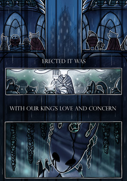 3_panel_comic ambiguous_gender antennae_(anatomy) anthro black_arms black_eyes black_legs city clothed clothing dialogue eyelashes female group male plant raining royalty sculpture sitting statue text tree white_body white_text window netmors hollow_knight_(franchise) team_cherry pale_king_(hollow_knight) white_lady_(hollow_knight) arthropod elemental_creature flora_fauna maskfly treant 2019 absurd_res comic english_text hi_res