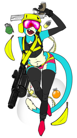 anthro armor armwear banana blue_body blue_fur bottomwear clothing elbow_gloves explosives food footwear fruit fur gloves grenade grenade_launcher gun handgun handwear headgear helmet holding_gun holding_object holding_ranged_weapon holding_weapon hotpants legwear male milkor_mgl open_mouth open_smile plant ranged_weapon shoes shorts smile snaggle_tooth solo stockings tail tail_tuft topwear tuft vest visor weapon topazknight milkor_(pty)_ltd haplorhine mammal monkey primate absurd_res hi_res