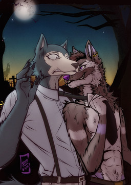 abs accessory anthro cemetery cheek_tuft claws clothing collared_shirt devious_grin dress_pants dress_shirt duo ear_piercing ear_ring facial_tuft finger_claws full_moon fur grey_body grey_fur head_tuft male male/male moon multicolored_body multicolored_fur navel neck_tuft necktie nervous night pawpads piercing pointy_ears pulling_tie purple_body purple_eyes purple_fur purple_nose raised_hand ring_piercing school_uniform shirt shirtless_male suspenders teeth tombstone topwear tuft uniform resurrecting_creatures beastars dl_wolf_(dl2288) legoshi_(beastars) bat canid canine canis ghost mammal spirit wolf hi_res