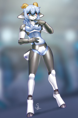 andromorph anthro blue_eyes blue_hair blush genitals hair intersex machine nude solo translucent translucent_body vulva nariikhan kara_(trippledot) android bovid caprine goat mammal robot robot_anthro hi_res