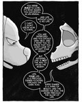 black_and_white bone border canid canine canis cloak clothing comic death_(personification) dialogue domestic_dog duo english_text greyscale h.v.lukas male mammal maustown monochrome open_mouth simple_background skull skull_head speech_bubble teeth text white_border