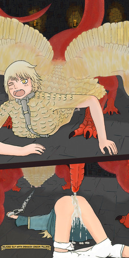 after_sex blonde_hair bodily_fluids bottomwear bottomwear_down butt chain chain_leash claws clothed clothing clothing_around_one_leg collar cum cum_drip cum_on_butt cum_on_ground cum_on_vulva cum_overflow cum_pool detailed_background dripping dungeon duo feathered_breasts feathered_wings feathers female fingernails front_view genital_fluids genitals gynomorph hair hair_on_floor holding_leash holding_object intersex intersex/female intersex_taur leash leashed_collar low-angle_view messy_hair nails one_eye_closed open_mouth pants pants_down partially_clothed penis perspective rear_view ridged_penis robe scales scroll short_hair size_difference text_box toe_claws two_panel_image underwear underwear_around_one_leg underwear_down wings yellow_eyes hakataku_art delicious_in_dungeon mythology falin_touden marcille_donato dragon dragon_taur elf feathered_dragon feathered_dragon_taur feathered_scalie humanoid mythological_creature mythological_scalie scalie taur absurd_res hi_res
