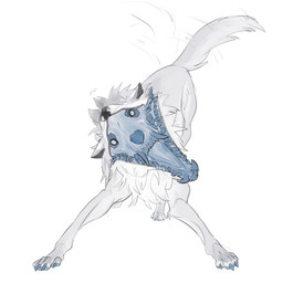 ambiguous_feral ambiguous_gender blue_bone blue_claws blue_eyes blue_pawpads body_horror bone chest_tuft claws fangs feral fur gore grey_body grey_fur looking_at_viewer open_mouth pawpads simple_background skull solo tail tail_motion tailwag teeth tuft white_background white_body white_fur justkiddinb canid canine mammal hi_res