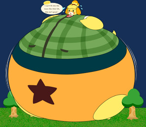 accessory anthro bell bell_accessory belly belly_expansion big_belly black_nose black_sclera blonde_hair blue_bottomwear blue_clothing blue_skirt blush bodily_fluids body_inflation bottomwear clothing dialogue expansion exposed_panties female grass green_clothing green_topwear green_vest hair hair_accessory hairband huge_belly hyper hyper_belly hyper_inflation hyper_pear inflation macro_anthro macro_female motion_lines open_mouth orange_clothing orange_panties orange_underwear outside panties pink_tongue plant red_hairband red_mouth simple_background skirt solo speech_bubble sweat sweatdrop swelling tail text three-quarter_view tight_clothing tongue topwear transparent_background tree underwear vest white_eyes worried yellow_body yellow_ears yellow_tail heliumpanda animal_crossing nintendo isabelle_(animal_crossing) canid canine canis domestic_dog mammal shih_tzu toy_dog 2025 absurd_res alpha_channel colored digital_media_(artwork) english_text flat_colors hi_res