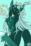 anthro beads breasts female fur fur_markings hair horn kintsugi_pattern laurel_wreath long_hair markings nipples nude slim small_breasts smile solo tail tail_beads teal_body teal_fur thick_tail white_hair tinycactus mjdas_(moonlitdhampir) jykhotl hi_res monochrome