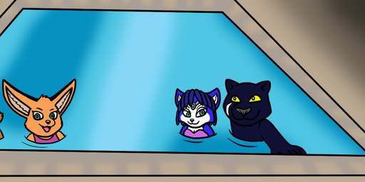 anthro athletic clothed clothing female group male male/female muscular pool swimwear topless topless_anthro topless_male water vixdojofox nintendo star_fox fara_phoenix fox_mccloud krystal_(star_fox) panther_caroso canid canine felid feline fox mammal pantherine true_fox