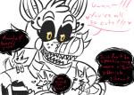 anthro blush dialogue exposed_endoskeleton eyelashes female group heart_symbol long_tongue machine sharp_teeth simple_background speech_bubble teeth text tongue tongue_out white_background yellow_eyes inkyfrog five_nights_at_freddy's five_nights_at_freddy's_4 scottgames nightmare_mangle_(fnaf) animatronic canid canine fox mammal robot 2015 english_text