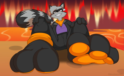 3_toes alternative_fashion anthro barefoot big_feet biped clothed clothing feet foot_focus goth grin hell holidays jacket kerchief lava looking_at_viewer macro male pawpads paws perspective sitting size_difference smile smug soles solo teasing toes topwear warm trowelhands halloween ruka_(raccoonvandal) deity mammal procyonid raccoon hi_res