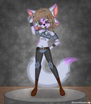 anthro armor armwear belt chest_fur clothing female freckles hair knee_pads long_boots long_tail looking_at_viewer neckwear open_mouth pose short_hair solo spread_legs spreading tail blossomblaze fan_character biomechanical canid canine canis hybrid mammal wolf absurd_res hi_res