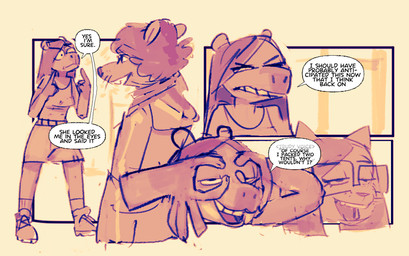 anthro biped bottomwear clothing dialogue eyewear female footwear glasses group hair hoodie long_hair male open_mouth shirt shoes short_hair skirt socks speech_bubble tank_top text topwear trio spincraze lacey_(spincraze) trudy_(spincraze) capybara caviid felid mammal pantherine rodent snow_leopard 2024 comic english_text
