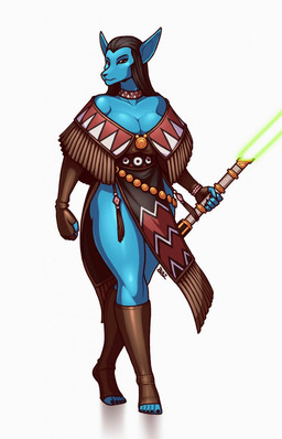 anthro black_hair breasts butt clothing female fingerless_gloves gloves green_lightsaber hair handwear holding_lightsaber jedi long_hair solo blazbaros star_wars alien alien_humanoid canid canine canis humanoid mammal nelvaanian wolf hi_res
