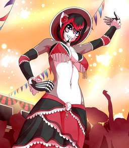 anthro athletic athletic_anthro athletic_female big_breasts bikini bikini_top bone bra breasts clothed clothing dress female fireworks flower frill_(anatomy) gem gloves handwear highlights_(coloring) holidays looking_at_viewer membrane_(anatomy) membranous_frill navel party piercing plant rose_(flower) skull sleeves solo sunset swimwear triangle_bikini two-piece_swimsuit under_boob underwear marik_azemus34 day_of_the_dead yumi_yama domestic_cat felid feline felis mammal hi_res