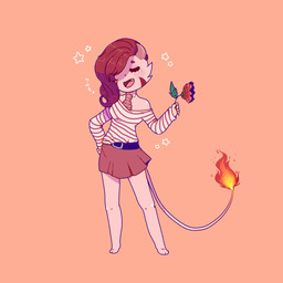 anthro bottomwear chibi clothing female fire flaming_tail flower hair happy pattern_clothing pink_body plant red_hair rose_(flower) skirt solo striped_clothing stripes tail undercut pityaction sambal 1:1 hi_res