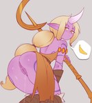 anus blonde_hair bodily_fluids bottomless butt clothed clothing female genital_fluids genitals hair horn humanoid_pointy_ears not_furry orange_eyes pointy_ears purple_body pussy simple_background solo staff vaginal_fluids lurkin league_of_legends riot_games tencent soraka horned_humanoid humanoid 2024 absurd_res hi_res