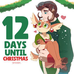 anthro clothed clothing duo ear_piercing ear_ring female heart_symbol horn male piercing red_nose ring_piercing sweater text topwear underwear upskirt drawligator renata_(drawligator) deer human mammal new_world_deer reindeer 1:1 2025 english_text hi_res