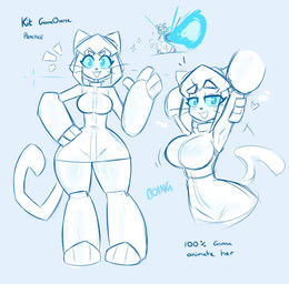 anthro arm_cannon big_breasts blue_eyes breasts clothed clothed_anthro clothed_female clothing emanata female looking_at_viewer solo text wide_hips kilinah gameoverse glitch_productions kit_bodega domestic_cat felid feline felis mammal 2026 english_text hi_res sketch