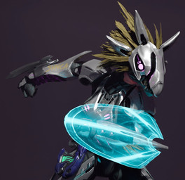 action_pose anthro arm_blade arm_feathers arm_tuft armor avian_caruncle energy_shield face_covered feather_hair feather_tuft feathered_crest feathers female fist full_armor glowing glowing_eyes gun_on_thigh head_crest helmt holstered_pistol pink_eyes plasma_pistol pose pseudo_hair sharp_teeth shield solo teeth tuft yellow_body yellow_feathers synca pickle_juice_(modeler) halo_(series) microsoft xbox_game_studios fan_character syn_cah alien avian kig-yar scalie t'vaoan 3d_(artwork) colored digital_media_(artwork)