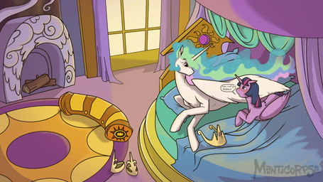 bed bedroom blush crown duo female female_feral feral fireplace furniture headgear horn window wings manticorpse friendship_is_magic hasbro my_little_pony mythology princess_celestia_(mlp) twilight_sparkle_(mlp) equid equine mammal mythological_creature mythological_equine winged_unicorn 16:9 hi_res widescreen