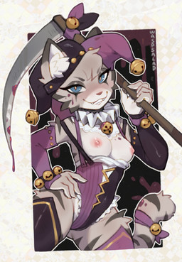 5_fingers anthro areola bell bell_collar biped blood blue_eyes bodily_fluids breasts clothed clothed_anthro clothed_female clothing collar countershade_torso countershading exposed_breasts female fingers fool's_hat fur grey_body grey_fur grey_tail hat headgear headwear jester_outfit leotard looking_at_viewer melee_weapon nipples polearm scythe smile solo tail weapon waspsalad whiskers_(lishka) felid feline mammal absurd_res hi_res
