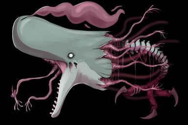 2_tongues ambiguous_gender black_background blood bodily_fluids body_horror carcass curved_feet empty_eyes feral fingered_appendages flesh flesh_strings gore grey_body multi_tongue nightmare_fuel open_mouth pink_mouth pink_tongue pirate_hat ripped_in_half ripped_skin side_view simple_background solo spine teeth tongue tongue_with_fingers tripod white_body white_eyes swampjaws aquatic cetacean mammal sperm_whale toothed_whale whale