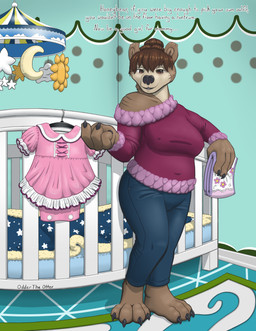 ageplay anthro clothed clothing crossdressing diaper female infantilism nursery roleplay solo text oddertheotter melody_(oddertheotter) bear mammal absurd_res english_text hi_res