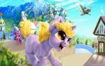 amber_eyes blonde_hair building city cloud cutie_mark detailed_background door feathered_wings feathers female feral flying fur grey_body grey_feathers grey_fur group hair horn house landscape mountain open_mouth outside pink_body pink_fur purple_hair running sky smile spread_wings window wings lulemt friendship_is_magic hasbro my_little_pony mythology amethyst_star_(mlp) derpy_hooves_(mlp) dinky_hooves_(mlp) equid equine mammal mythological_creature mythological_equine pegasus unicorn 2015