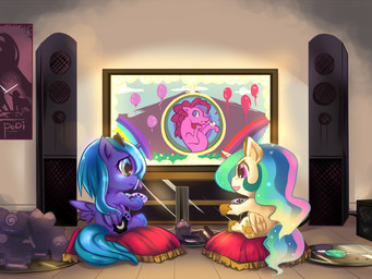 aged_down badass_sound_system balloon blue_body blue_feathers candy candy_cane controller cushion cutie_mark dessert detailed_background duo electronics feathered_wings feathers female feral food fur game_controller gaming horn inflatable pacifier pink_body pink_fur playing playing_video_game poster princess royalty sitting tail television toony white_body white_feathers wings young young_feral bakki friendship_is_magic hasbro my_little_pony mythology pinkie_pie_(mlp) princess_celestia_(mlp) princess_luna_(mlp) earth_pony equid equine horse mammal mythological_creature mythological_equine pony winged_unicorn 4:3 detailed sibling_(lore) sister_(lore) sisters_(lore)