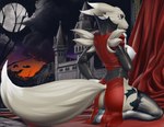 anthro castle clothed clothing detailed_background female kneeling legwear moon nipples partially_clothed red_eyes solo stockings jonas-pride bandai_namco digimon canid digimon_(species) mammal renamon vampire