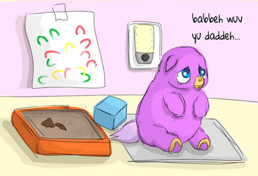 ambiguous_feral ambiguous_gender baby_talk blue_eyes dialogue feces feral fur hooves litter_box overweight overweight_feral pink_body pink_fur pink_tail sad sitting solo tail text toy_block young young_ambiguous young_feral carpdime fluffy_pony fluffy_pony_(species) mammal digital_media_(artwork) english_text