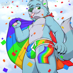 anthro balls_outline biped blep blue_body blue_ears blue_fur blue_hair blue_tail bulge cape clothed clothing colored_seam_underwear confetti detailed_bulge dipstick_tail eyebrows fangs flag flag_(object) fur genital_outline green_eyes green_nose grey_body grey_eyebrows grey_fur grey_tail hair lgbt_pride looking_at_viewer male markings monotone_hair multicolored_body multicolored_cape multicolored_clothing multicolored_fur multicolored_underwear pawpads pink_pawpads pride_colors rainbow_cape rainbow_clothing rainbow_flag rainbow_pride_flag rainbow_symbol rainbow_underwear solo tail tail_markings teeth tongue tongue_out two_tone_body two_tone_fur two_tone_tail underwear underwear_only white_seam_underwear gaokun donovan_dmc canid canine canis mammal wolf 1:1 2026 absurd_res hi_res watermark