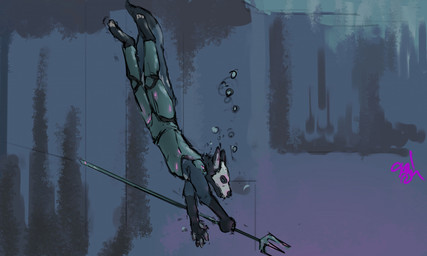 anthro black_body black_fur blue_body blue_fur bubble diamond_armor fur male melee_weapon pink_text polearm solo swimming text trident underwater water weapon jeri_kleinlowe microsoft minecraft mojang xbox_game_studios canid canine mammal 2024 colored hi_res signature