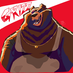 anthro brown_body brown_fur clothed clothing eye_scar facial_scar fur gold_(metal) gold_jewelry gold_necklace jewelry male necklace overweight overweight_anthro overweight_male red_background scar shirt simple_background solo text topwear white_clothing white_shirt white_topwear locofur goat_(movie) sony_corporation sony_pictures grizz_(goat) bear brown_bear grizzly_bear mammal ursine 1:1 2026 digital_media_(artwork) hi_res