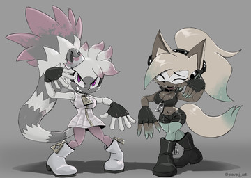 anthro boots breasts cleavage clothed clothing cosplay crop_top duo electronics eyebrows eyelashes eyes_closed facial_markings fangs female fingerless_gloves footwear gloves hair handwear head_markings headphones markings mask_(marking) midriff navel open_mouth open_smile ponytail purple_eyes shirt shoes smile teeth topwear zipper steve_jones idw_publishing nintendo sega sonic_the_hedgehog_(comics) sonic_the_hedgehog_(idw) sonic_the_hedgehog_(series) splatoon marina_(splatoon) pearl_(splatoon) tangle_the_lemur whisper_the_wolf canid canine canis lemur mammal primate strepsirrhine wolf 2026 hi_res