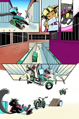 alley anthro black_body black_fur blonde_hair clothed clothed_anthro clothed_female clothing day female female_anthro fur hair jacket male male_anthro motorcycle pink_clothing pink_jacket pink_topwear pink_vest short_hair topwear vehicle vest yellow_body yellow_eyes yellow_fur gatonejo gadea_(gatonejo) mono_(gatonejo) deer domestic_cat felid feline felis mammal 2026 2:3 absurd_res comic hi_res