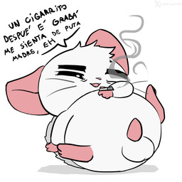 balls dialogue fur genitals male open_mouth penis simple_background smile smoking solo tail text white_background white_body white_fur godforgiveme4 baitybait_(youtube) chinchilla chinchillid mammal rodent hi_res spanish_text watermark