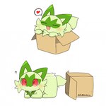 ambiguous_gender box cardboard cardboard_box container feral green_body heart_symbol question_mark red_eyes speech_bubble tail tail_motion tailwag tontaro nintendo pokemon generation_9_pokemon pokemon_(species) sprigatito 1:1 animated short_playtime